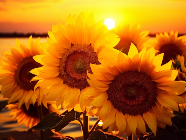 Zonnebloemen tegen een zonsondergang hemel zomertijd