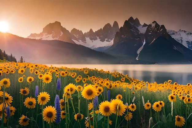 zonnebloemen voor een bergketen