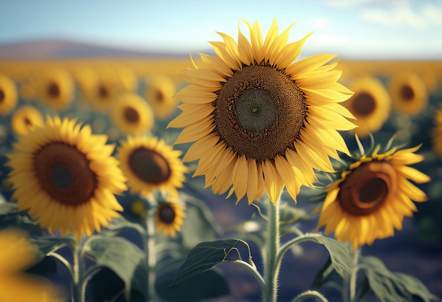 Zonnebloemgebied bij zonsondergang Mooi landschap met zonnebloemen generatieve ai