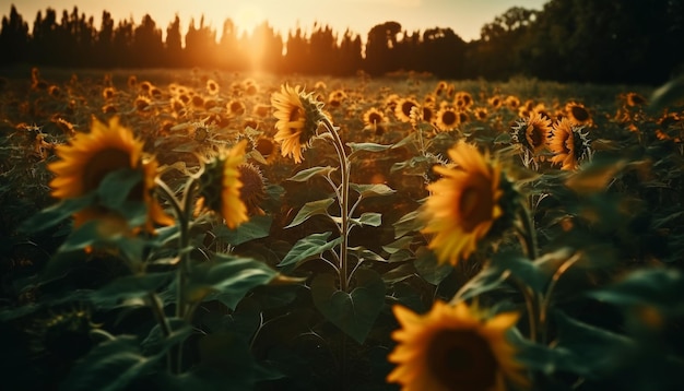 Zonnebloemveld gloeit in gouden zomerzonsondergang gegenereerd door AI