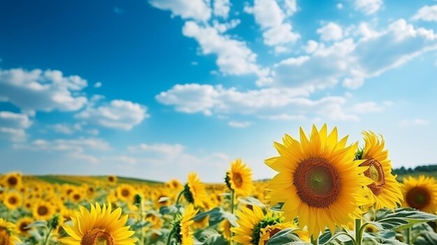 Foto zonnebloemveld met bewolkte blauwe lucht