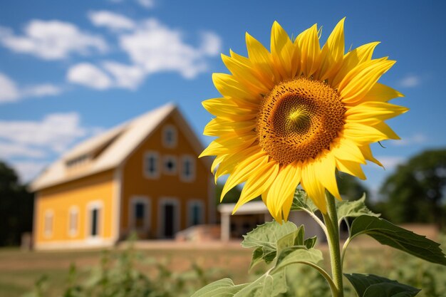 Zonnebloemveld met een boerderij in de verte