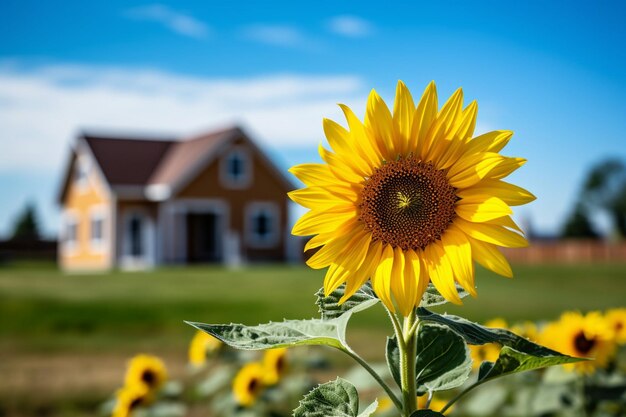 Zonnebloemveld met een boerderij in de verte