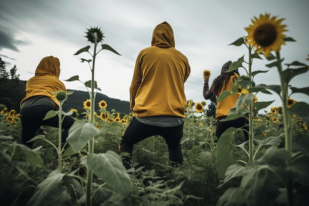 Zonnebloemveld met een groep mensen die yoga doen