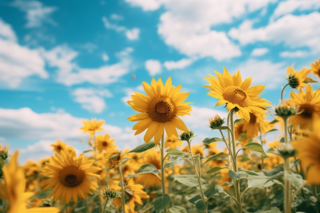 Zonnebloemveld over bewolkte blauwe achtergrond Landschap met zonnebloemen