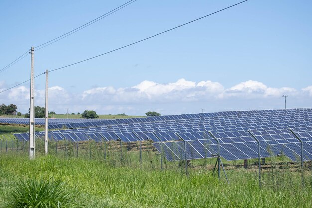 Zonneboerderij groene energie van zonlicht toont veel zonnecelplaat. Selectieve aandacht.