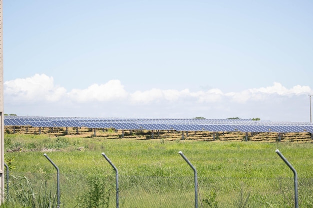 Zonneboerderij groene energie van zonlicht toont veel zonnecelplaat. Selectieve aandacht.