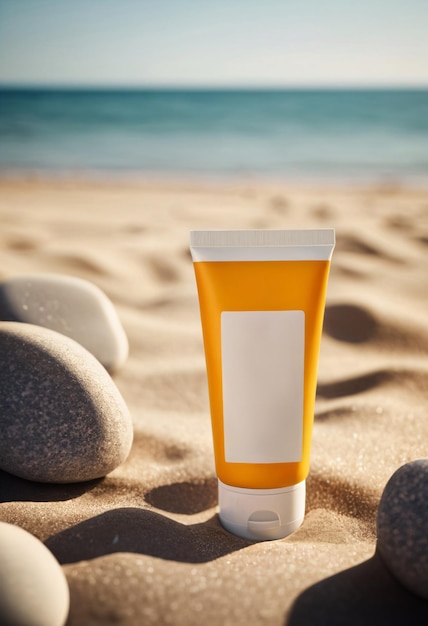 Zonnebrandcrème of SPF UV-beschermingslotion buis Zomer zandstrand met kiezelstenen in de buurt van de oceaan of zee