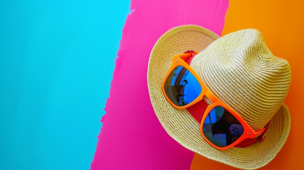 zonnebril en stro zonnehoed in de studio met een kleurrijke en heldere achtergrond zomer AI Generatieve