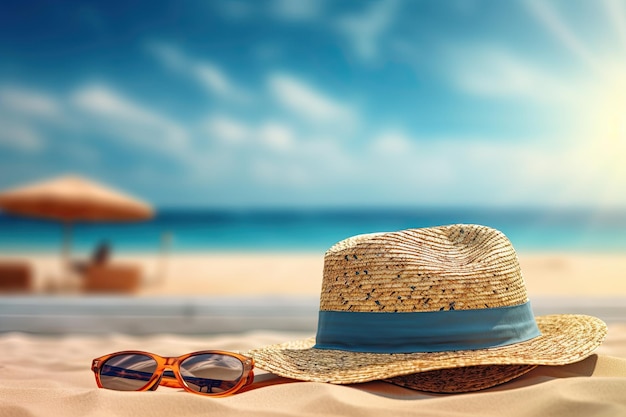 Zonnebril en zon liggend op zandstrand voor zomerse achtergrond met kopieerruimte voor tekst