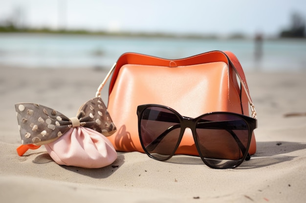 Zonnebril met bijpassende handtas en hakken op het strand gemaakt met generatieve AI