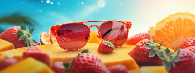 Zonnebril met Freshy Fruit Achtergrond Zomer Feestelijke Tijd Concept Generatieve Ai