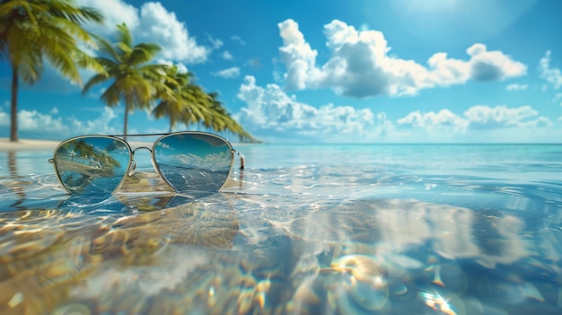 zonnebril op een strand met een palmboom op de achtergrond