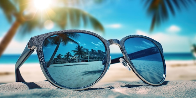 Zonnebril op een zandstrand in de zomer levendige kleuren stijlen