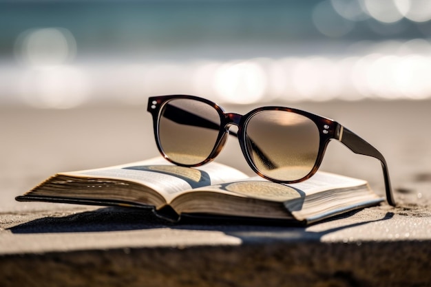 Zonnebril op stapel boeken Genereer Ai