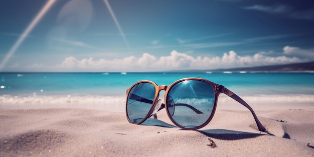 Zonnebrillen op een strand waar de zon op schijnt