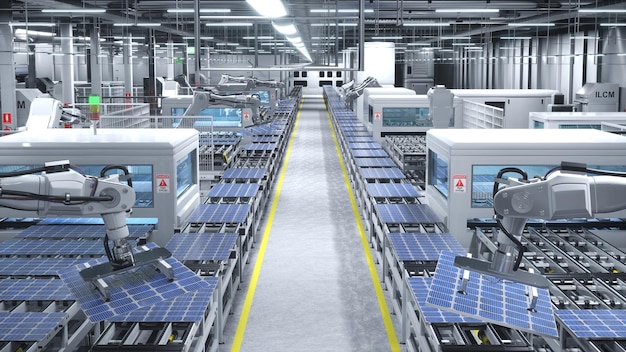 Zonnecellen vervaardigd in een groene energiefaciliteit 3D-illustratie