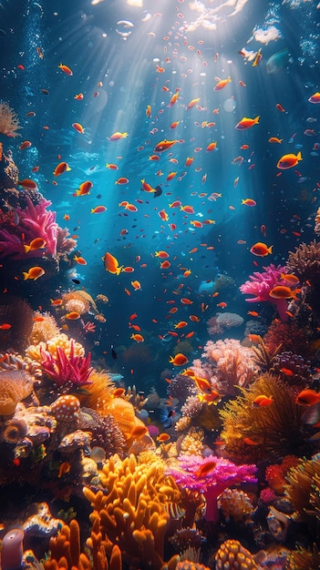 Zonnelicht doorboort levendig onderwater marien leven achtergrond voor Instagram Story Banner