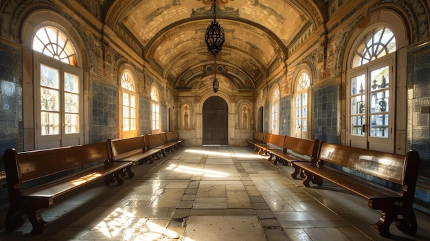 Zonnelicht historisch interieur met gebogen plafonds en geplaveide muren in een majestueus oud gebouw