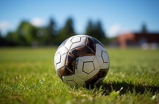 Foto zonnelicht voetbal op een levendig groen veld voetbal op gras