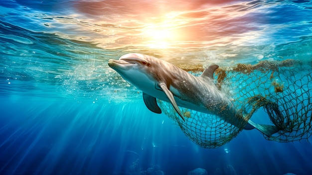 Zonnelichte dolfijnen ontsnappen uit het net onder water