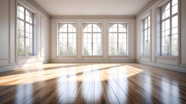 Zonnelichte kamer met houten vloer verbeterd door generatieve AI
