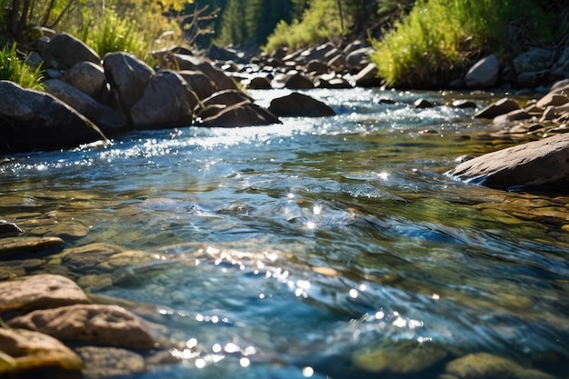 Zonnelichte rivier met glinsterend water en rotsen