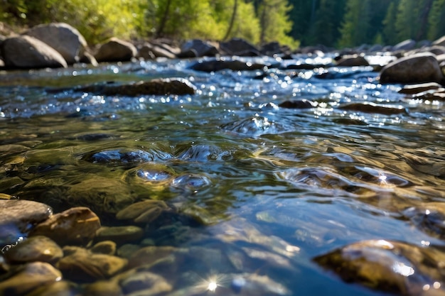 Zonnelichte rivier met glinsterend water en rotsen