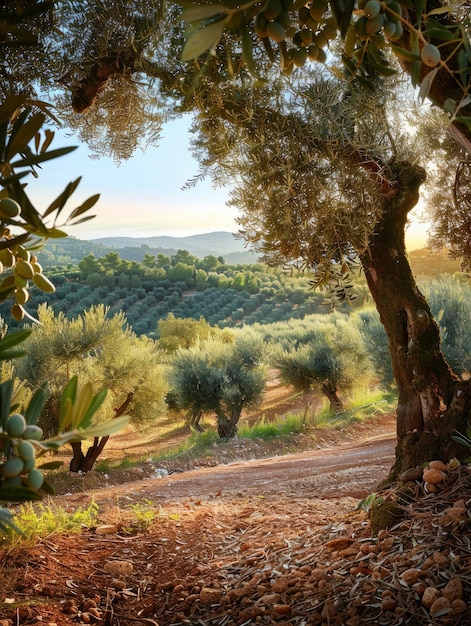 Zonnelichte scène met uitzicht op de olijfplantage met veel olijven van heldere rijke kleur