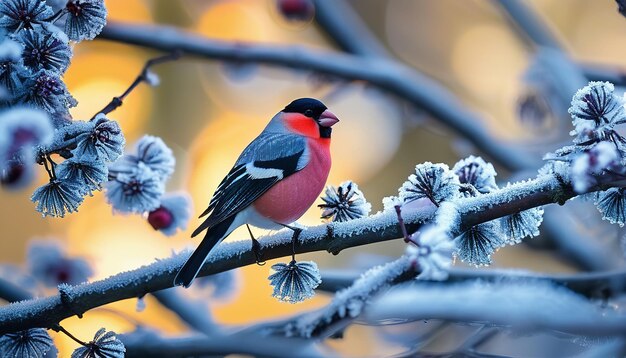 Zonnelichte sneeuwvlokken en de paarse bulfinch Een winterbeeld