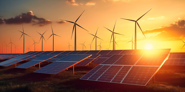 Zonnepaneel in de zonsondergang met windturbines aan de horizon