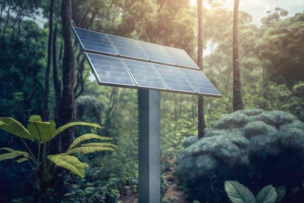 Zonnepaneel in tropisch bos Eco-energieconcept AI gegenereerd