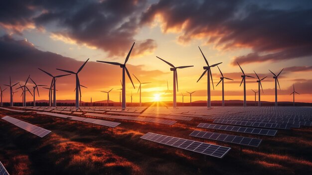 Foto zonnepaneel met turbine en zonsondergang blauwe achtergrond concept schone energie