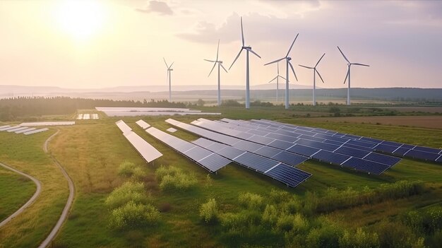 Zonnepaneel met windturbine en blauwe hemelachtergrond