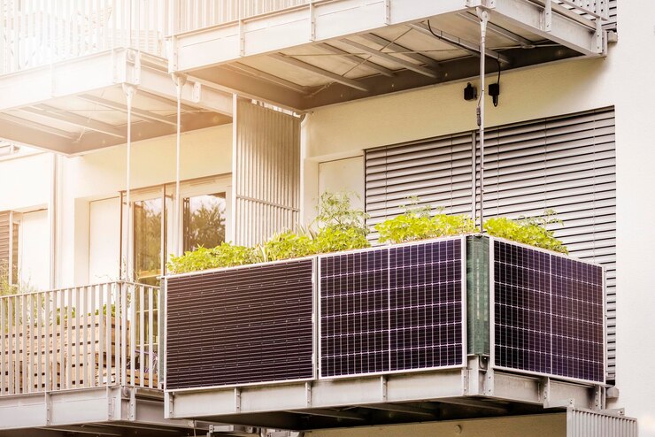 Zonnepaneel op balkon van modern gevelgebouw in Eco City. Zonnepanelen Systeem Energie van Appartement