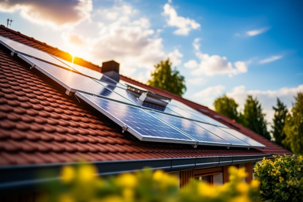 Zonnepaneel op het dak van het huis bij zonsondergang Generatieve AI