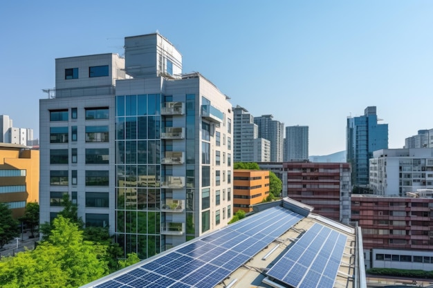 Zonnepaneeldak op modern gebouw met stadsgezicht op de achtergrond gemaakt met generatieve ai