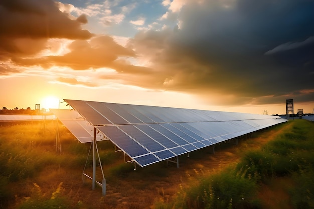 Zonnepaneelstation bij zonsondergang Generatieve AI 3