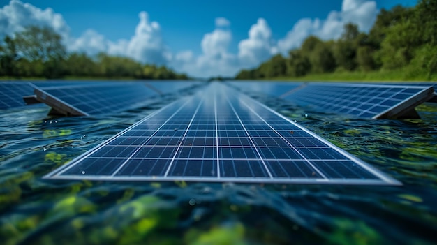 Zonnepanelen drijvend tussen levendige groene waterplanten op een vredig meer