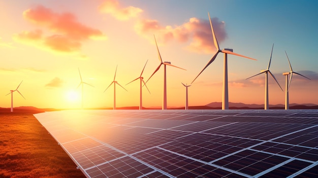 zonnepanelen en windturbine op groene veld duurzame energie-industrie alternatieve energie duurzame energieontwikkeling