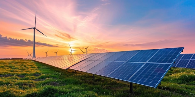 Zonnepanelen en windturbines bij zonsondergang