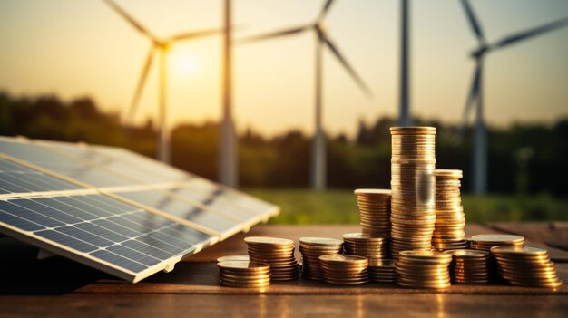 Zonnepanelen en windturbines met muntenstapels op een houten tafel bij zonsondergang