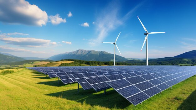 zonnepanelen en windturbines op een groen veld met een bergachtergrond