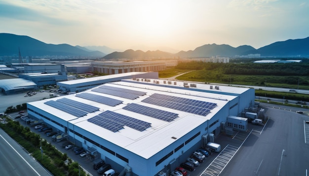 Zonnepanelen geïnstalleerd op het dak van een groot industrieel gebouw