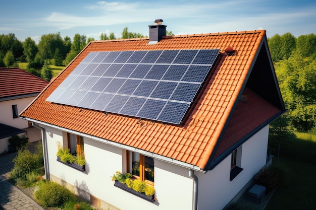 Zonnepanelen geïnstalleerd op het dak van een huis Alternatieve energiebron