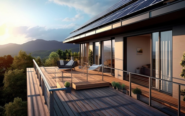 zonnepanelen geplaatst op balkon van modern woonhuis