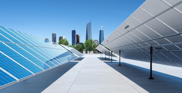 Zonnepanelen met moderne stad