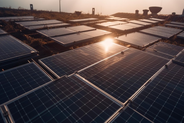 Zonnepanelen op een dak met daarachter de ondergaande zon