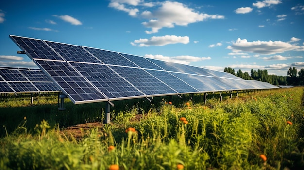 Zonnepanelen op een veld met groen gras en bloemen Generatieve AI