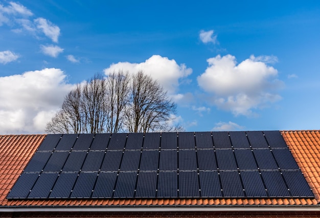 Zonnepanelen op het dak en blauwe lucht